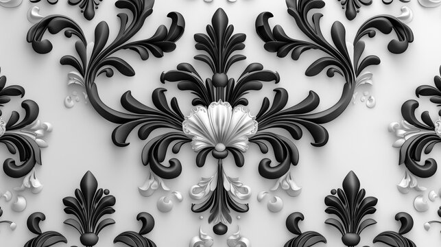 A modern damask pattern in black and white, perfectly seamless, with a matte background texture and captured in ultra-high definition.