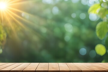 Wooden table with blurred bokeh green nature background. Spring and summer season concept. Generative ai