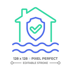 Flood protection two color line icon. House with checkmark above water. Water damage prevention bicolor outline symbol. Duotone linear pictogram. Isolated illustration. Editable stroke