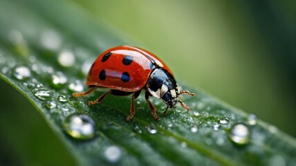 Naklejka premium Beautiful ladybug on a green leaf of a plant with dew drops.