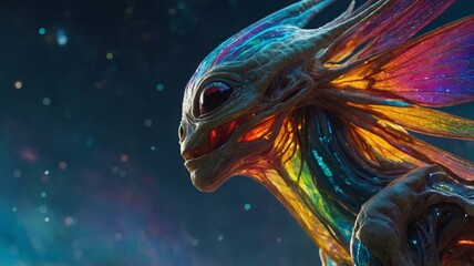 Obraz premium Glowing alien creature with delicate, translucent wings that shine like a rainbow.