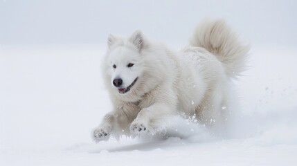 Obraz premium A playful Samoyed frolicking in the snow, its joyful leaps and bounds captured in a dynamic pose.