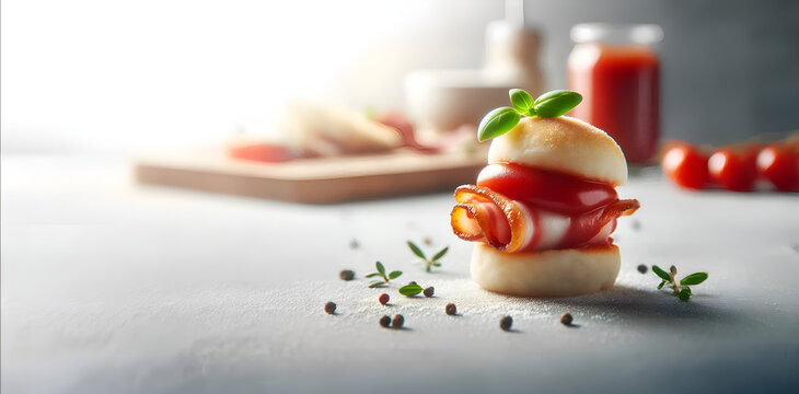 Mini hamburguesa gourmet. Bocadito de pan con tomate y bacon sobre fondo neutro