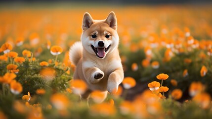 A playful Shiba Inu puppy chasing a ball in a field of flowers.