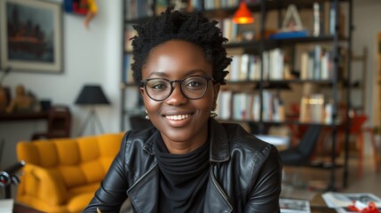 Fototapeta premium Smiling African American Woman with Glasses in a Modern Home Office with Bookshelves and Yellow Sofa 