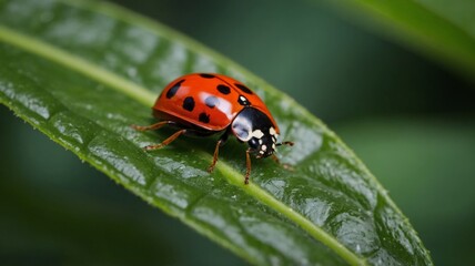 Fototapeta premium Ladybug on a leaf of a plant.