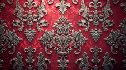 A vibrant damask pattern in red and silver, seamlessly repeating on a rich, textured background, captured in ultra-high definition.