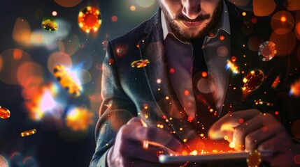 Obraz premium A man plays online casino games on a tablet at night, surrounded by glowing chips