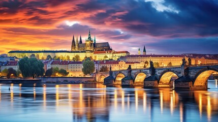 A romantic Prague Castle, overlooking the Vltava River, its architecture a blend of Gothic and Romanesque styles.