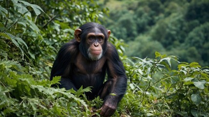 Chimpanzee on top of a hill, vegetation in the background, wildlife concept.