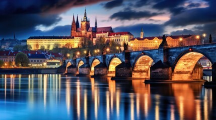 Obraz premium A romantic Prague Castle, overlooking the Vltava River, its architecture a blend of Gothic and Romanesque styles.