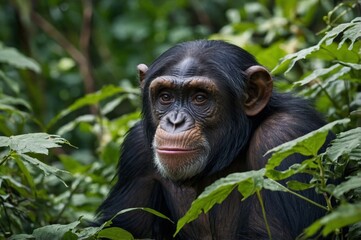 Obraz premium Chimpanzee on top of a hill, vegetation in the background, wildlife concept.