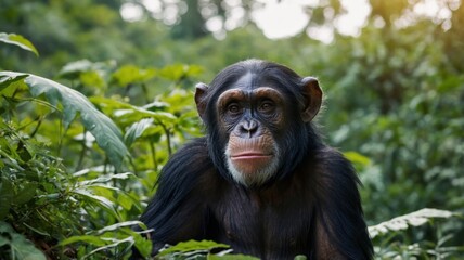 Chimpanzee on top of a hill, vegetation in the background, wildlife concept.