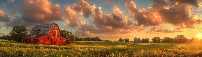 Obraz premium Beautiful sunset over a rustic red barn and silos in a lush countryside landscape with dramatic clouds and golden sunlight.