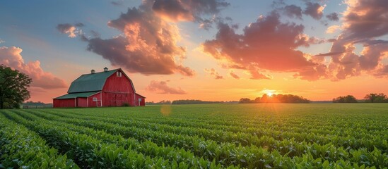 Stunning red barn in a lush green field at sunset with a dramatic sky and clouds, capturing the essence of rural tranquility.