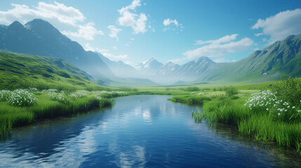 A calm river meandering through a lush green valley, with mountains in the distance and a clear blue sky overhead.