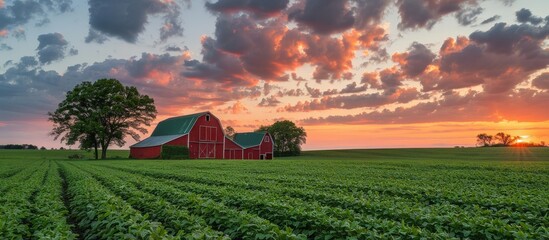 Beautiful sunset over a green field with red barns and a dramatic cloudy sky, capturing the essence of rural life and nature's beauty. - Powered by Adobe