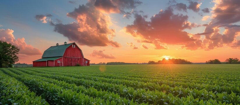 Stunning red barn in a lush green field at sunset with a dramatic sky and clouds, capturing the essence of rural tranquility.