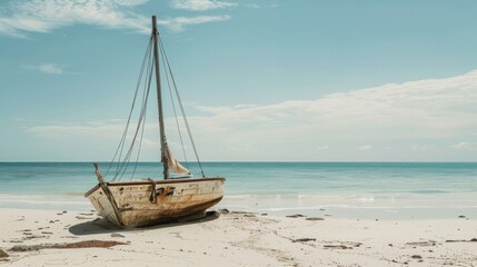 A sailboat abandoned on a sandy beach, its weathered hull and tattered sails hinting at tales of adventure.