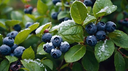 Lush green bushes with blueberries, some snow on them.
