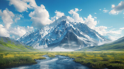 A majestic mountain range with a river flowing through it, under a brilliant blue sky dotted with fluffy white clouds.