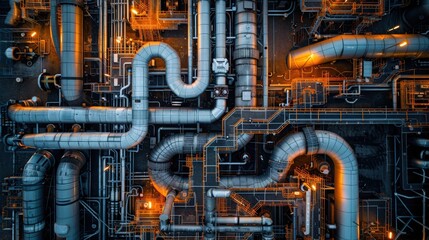 Aerial shot of an industrial complex showcasing a detailed network of pipes and machinery, illuminated by warm lighting, highlighting the complexity and engineering.