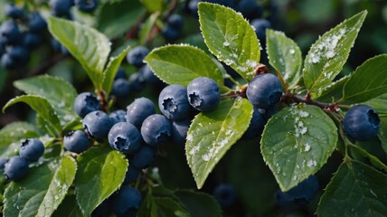 Lush green bushes with blueberries, some snow on them.