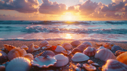 A peaceful beach at sunrise with colorful seashells scattered along the shore.