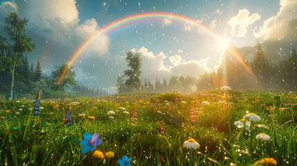A rainbow arching over a serene meadow filled with wildflowers after a light rain.