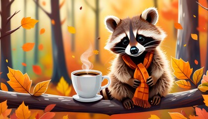 cute raccoon sitting with a cup of hot coffee in the autumn forest