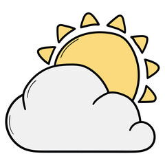 Hand drawn cartoon icon of cloud and sun on white background.