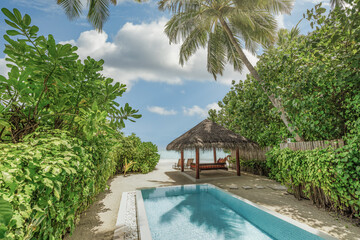 Interior and exterior design of luxury pool villa beautiful poolside and sunny sky. Luxurious...