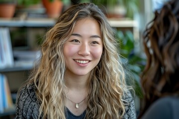 Fototapeta premium Smiling Young Woman with Long Wavy Hair Engaging in Friendly Conversation in Cozy Indoor Setting 