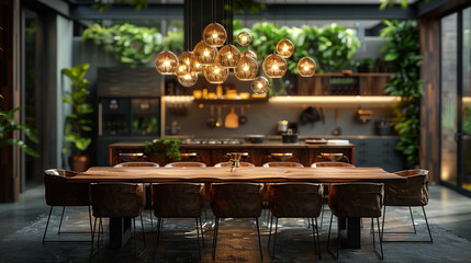 A contemporary dining area with a large, rustic wooden dining table surrounded by mixed-material chairs,