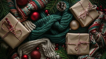 christmas concept with gifts and traditional sweater copy space