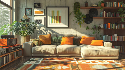 A contemporary living room with a whimsical mix of Scandinavian and retro elements
