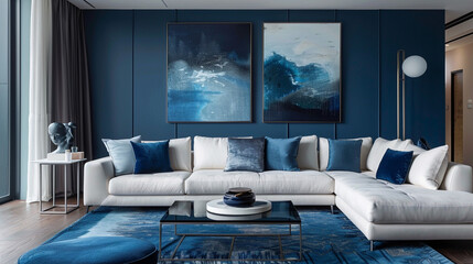A contemporary lounge area featuring walls in a deep navy blue, contrasted with a modular sofa in powder blue and a sleek metal coffee table with a mirrored surface. 