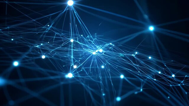 Glowing blue nodes interconnected by luminous lines against a dark background. Complex network structure simulates neural pathways or data connections. 