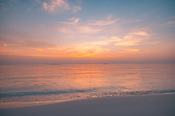 Sea sand sky concept, sunset colors clouds beachfront horizon. Inspire waves beams, meditation nature landscape, beautiful colors, wonderful scenery of tropical beach. Beachside travel summer vacation