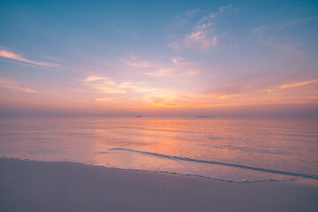 Sea sand sky concept, sunset colors clouds beachfront horizon. Inspire waves beams, meditation nature landscape, beautiful colors, wonderful scenery of tropical beach. Beachside travel summer vacation