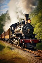 Naklejka premium An antique steam-powered locomotive chugging along railway tracks in the countryside