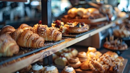 Variety of desserts and pastries on display in a shop window.