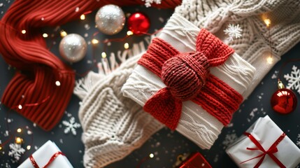 christmas concept with gifts and traditional sweater copy space