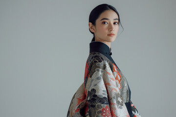 Modern woman elegantly dressed in a garment inspired by traditional Japanese patterns