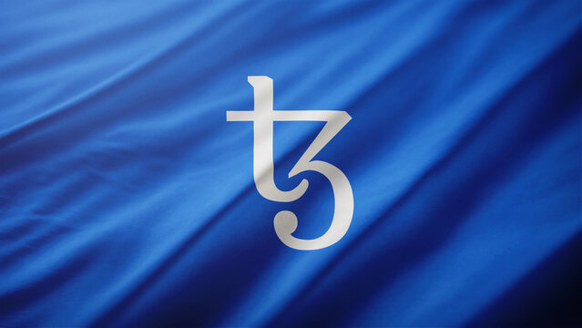 Tezos (XTZ) logo illustration on a flag, cryptocurrency representing blockchain and web3, crypto innovation and decentralization concept. Rome, Italy - 2 July 2024