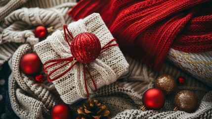 christmas concept with gifts and traditional sweater copy space