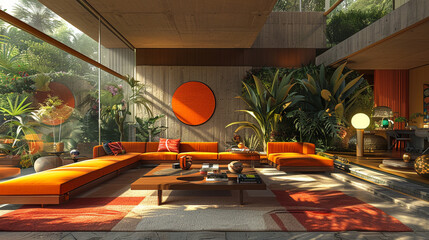 A mid-century modern sunken living room with clean lines, bold colors, and iconic furniture pieces. The room has a large window wall, and the decor includes geometric patterns and retro accents.