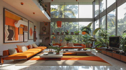 A mid-century modern sunken living room with clean lines, bold colors, and iconic furniture pieces. The room has a large window wall, and the decor includes geometric patterns and retro accents.