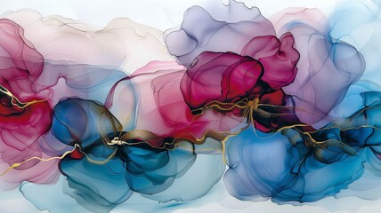 Abstract Red And Blue Alcohol Ink Painting With Gold Accents