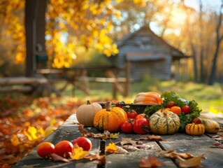 rustic autumn harvest scene with heirloom vegetables pumpkins and gourds weathered wooden table fallen leaves and a cozy farmhouse in the background bathed in warm golden light